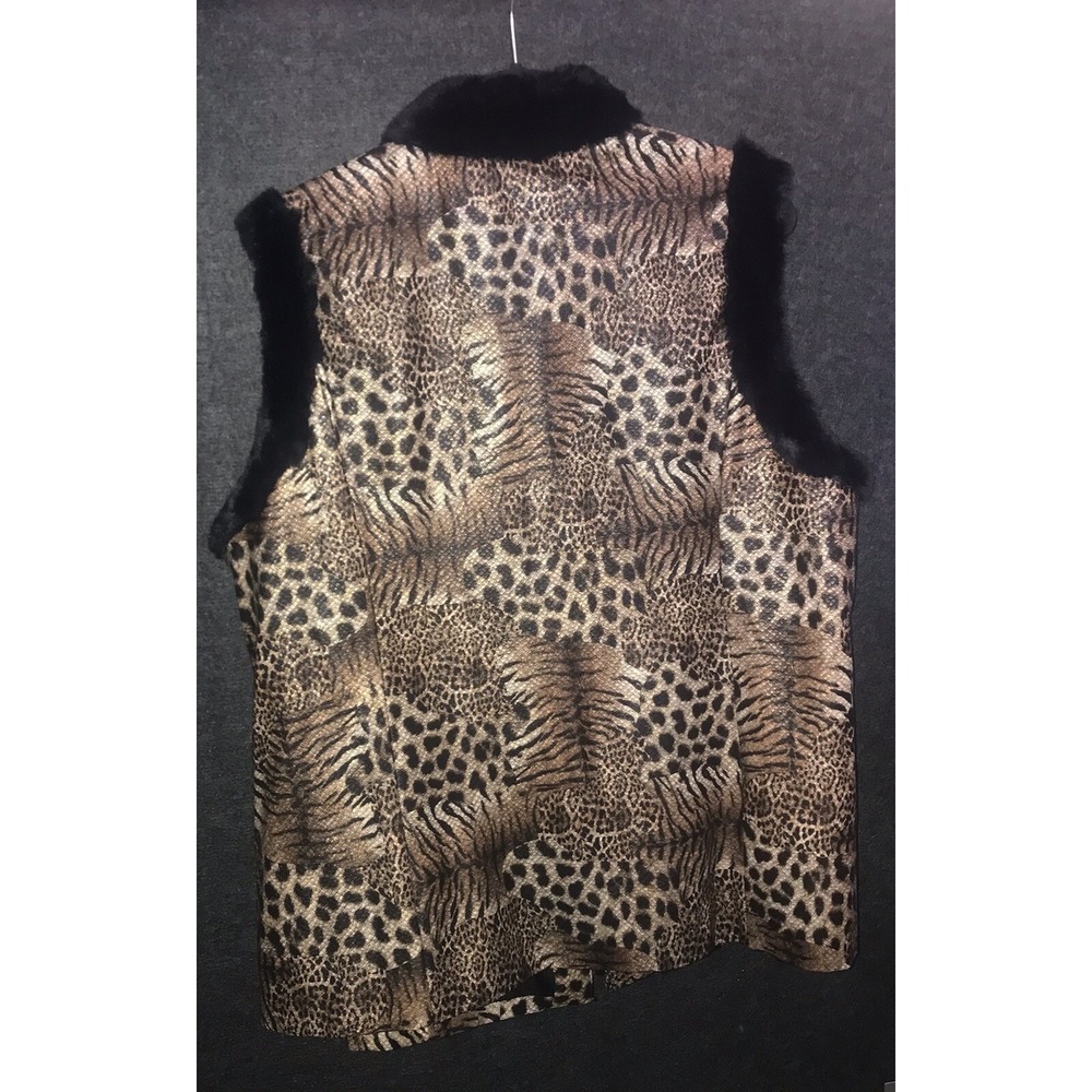 Bob Mackie Vest Zip Wearable Art Brown Safari Animal Print Black Faux Fur Trim - Picture 7 of 11